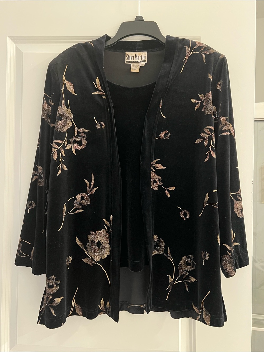 Sheri Martin Black Velvet Open Front Jacket with Metallic Floral